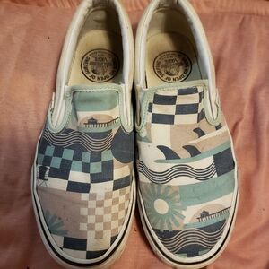 Rare Vans US Open Of Surfing Women's 8.5 Blue Check Surf Style Slip-on Men's 7